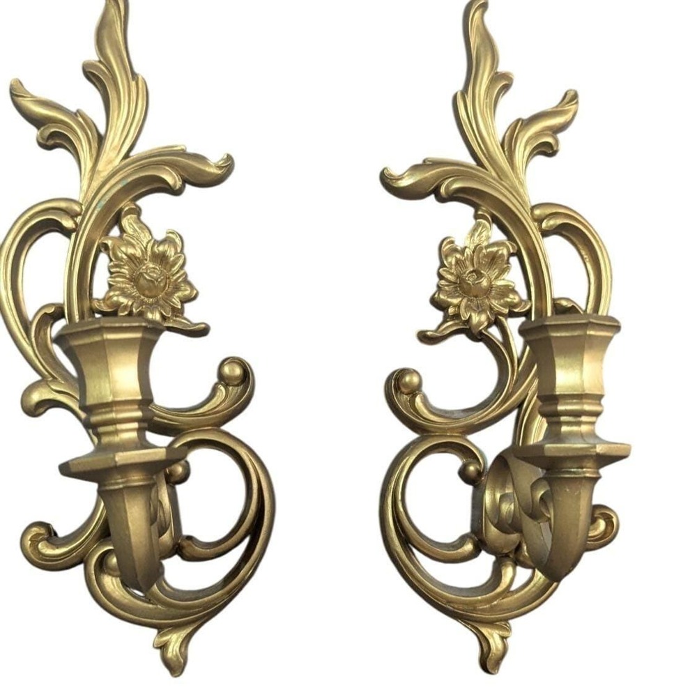Vintage Syroco Gold Gilt Ornate Wall Sconces Art Nouveau Hollywood‎ Regency Pair